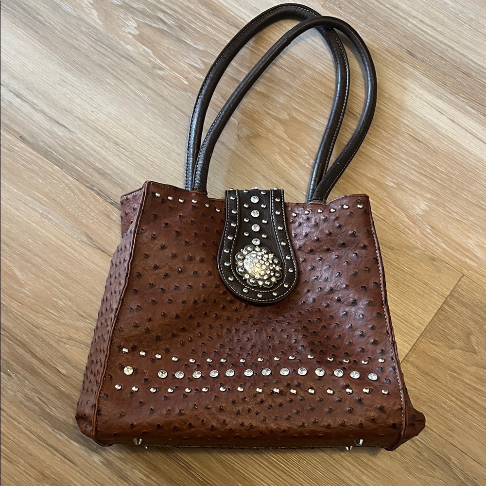 Studded Brown Faux Ostrich 
Leather Tote Bag